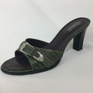 Franco Sarto Dk Grn Leather Slip on Open Toe Heel
